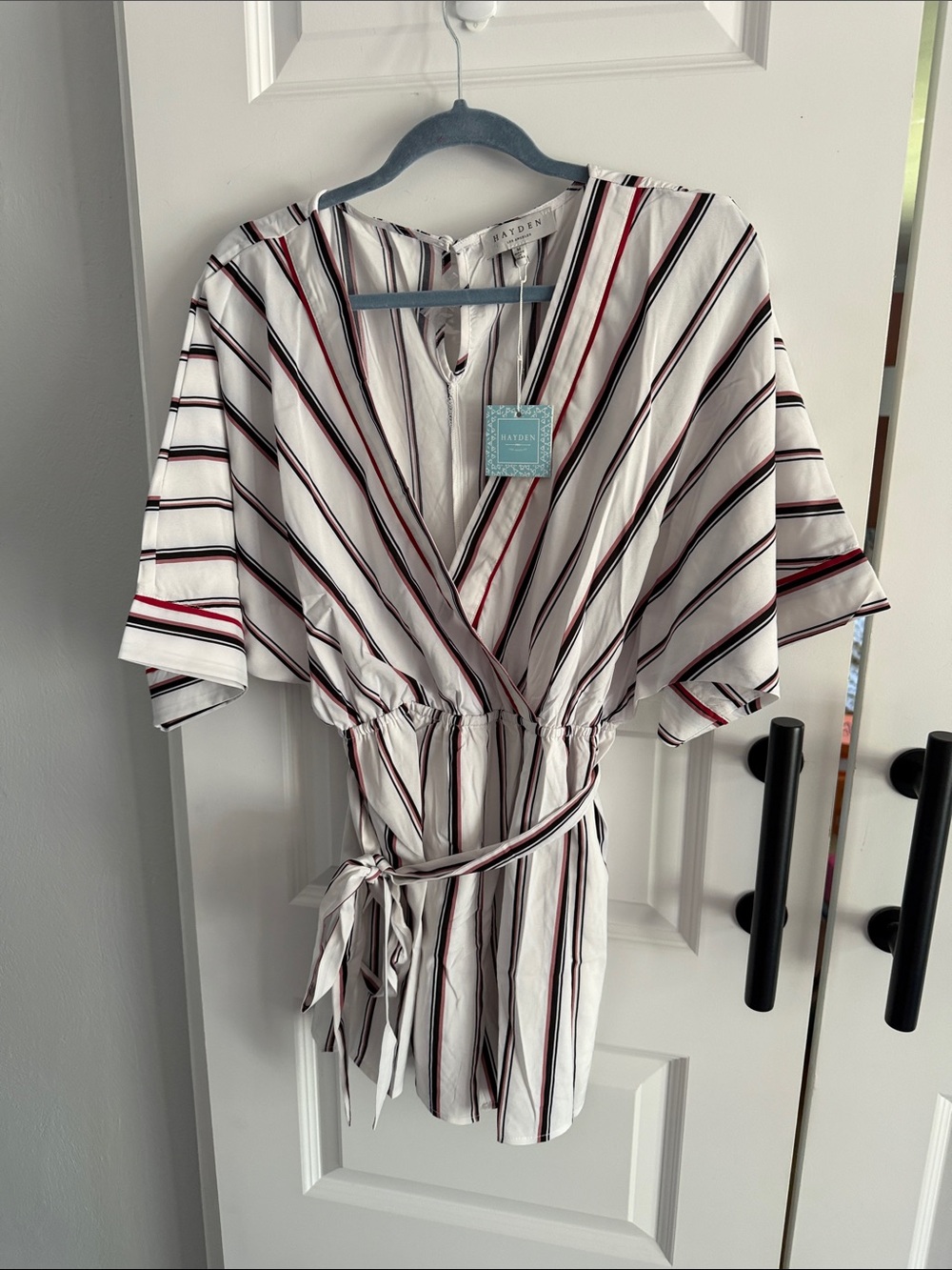 Striped Wrap Romper in‎ White with Black & Red Stripes